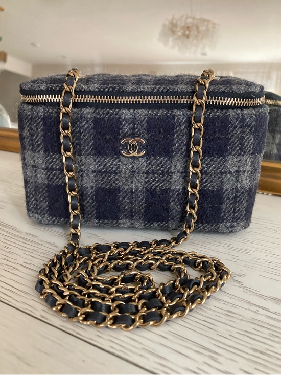 CHANEL Handbags - CHANEL Blue Plaid Wool Vanity Crossbody with Gold Chain